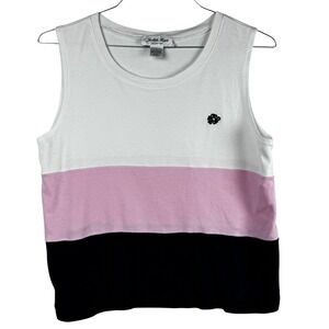 VTG 90s Colorblock Cotton Tank Top Pink White Navy Judith Hart Collection Sz M/L
